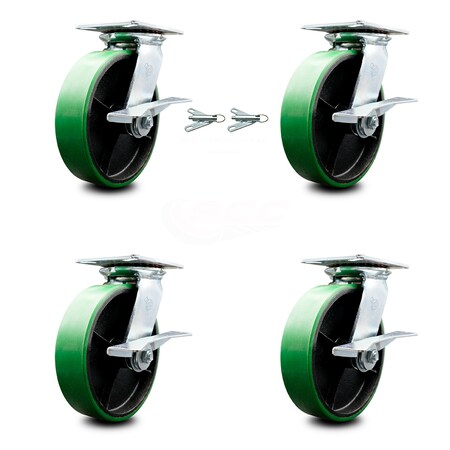 Service Caster 8 Inch Poly on Cast Iron Caster Set with Roller Bearing 4 Brake 2 Swivel Lock SCC-35S820-PUR-GB-SLB-BSL-2-SLB-2